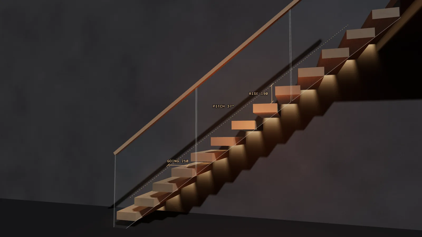 The finished staircase: oak treads cantilevered from a dark wall, each lit from beneath, with dimension lines for the rise and going.