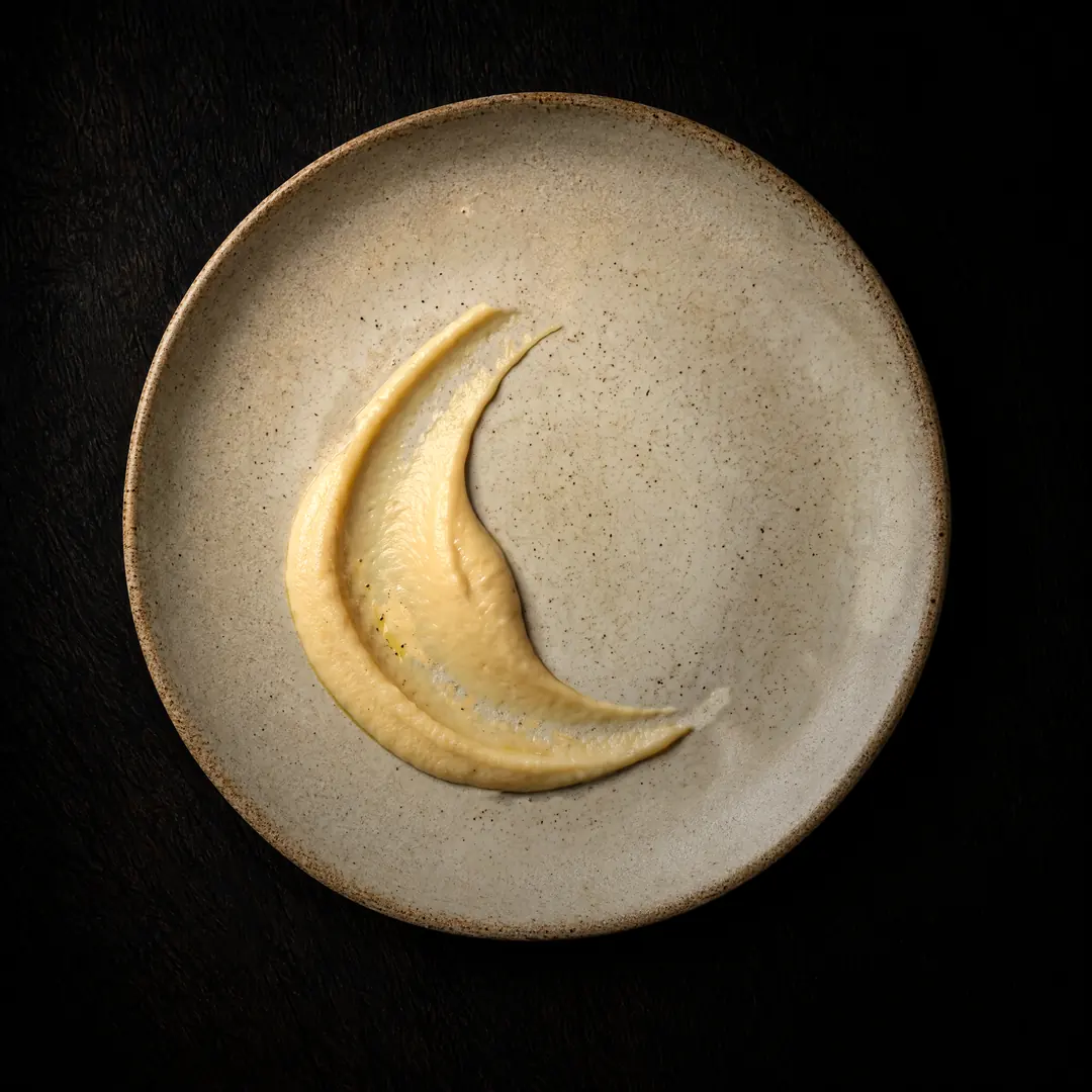 An empty stoneware plate with one spoon swoosh of pale celeriac purée across it.