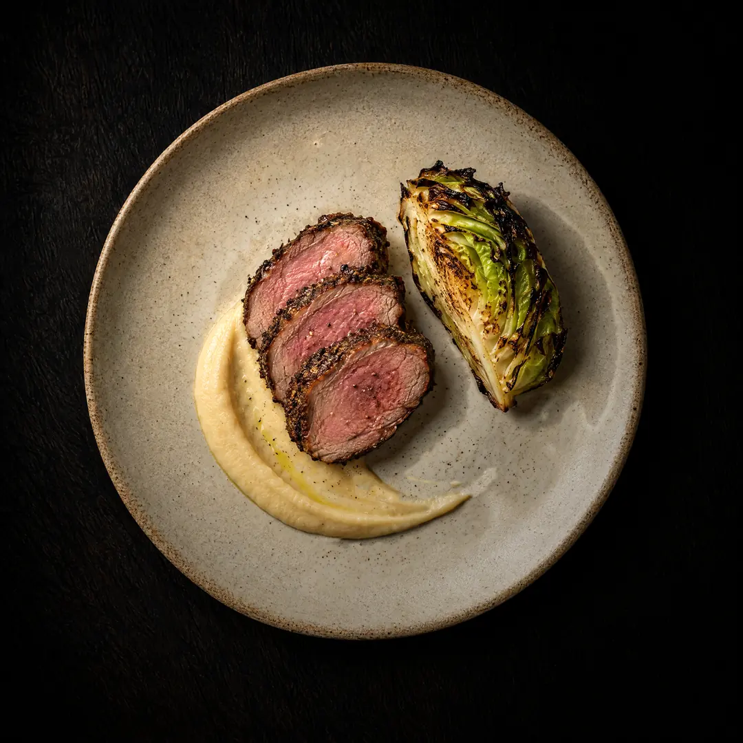Midway: sliced lamb rump on the purée, a charred wedge of hispi cabbage beside it.