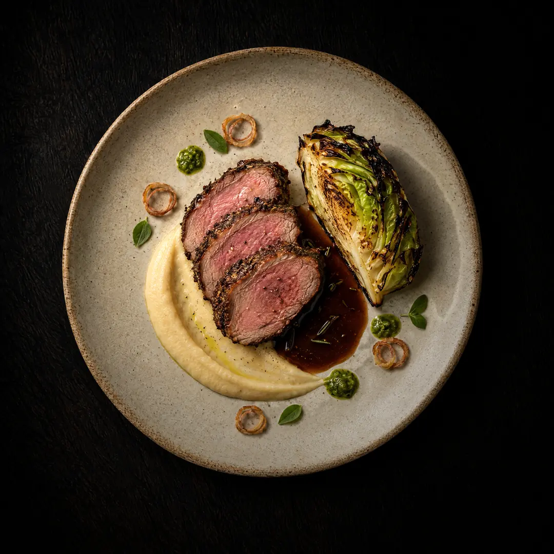 The finished plate: lamb, purée, cabbage, a pool of jus and small green garnishes round it.