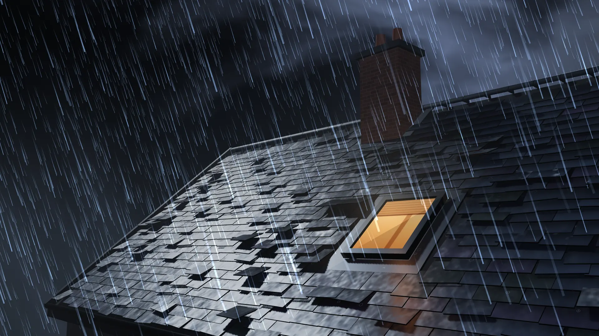 The storm at its height: dark sky, driving rain, loose slates lifting on the roof.